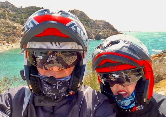 JR and Brenda wearing their motorcycle helmets