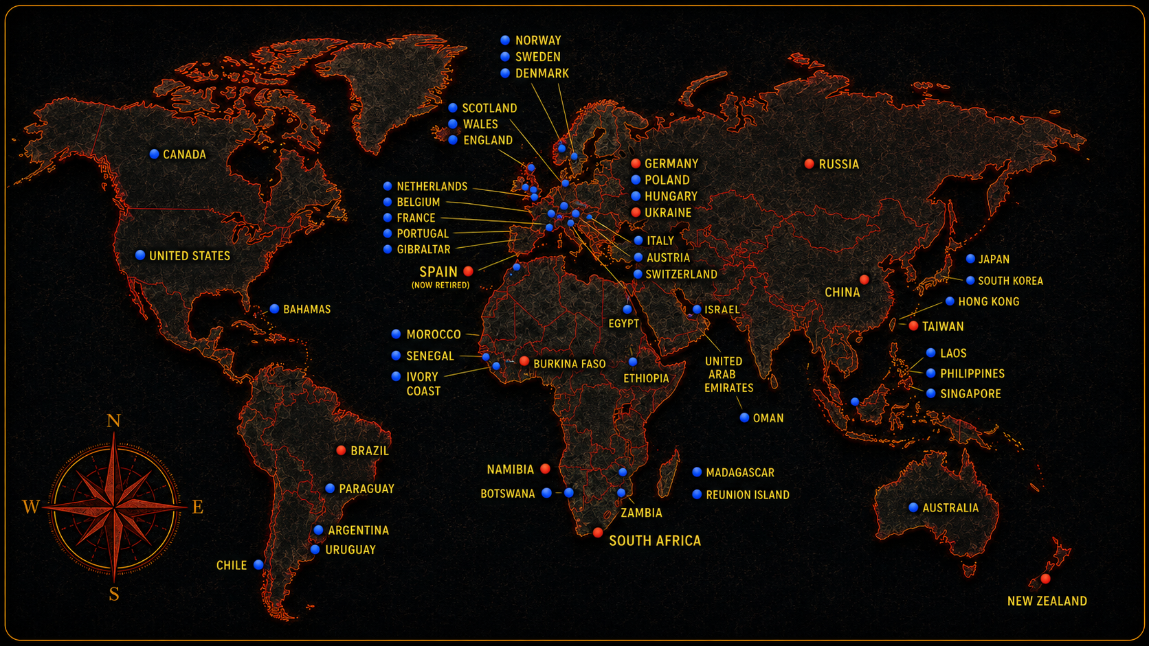 A world map showing the countries and places that have been part of the Retired to Ride journey